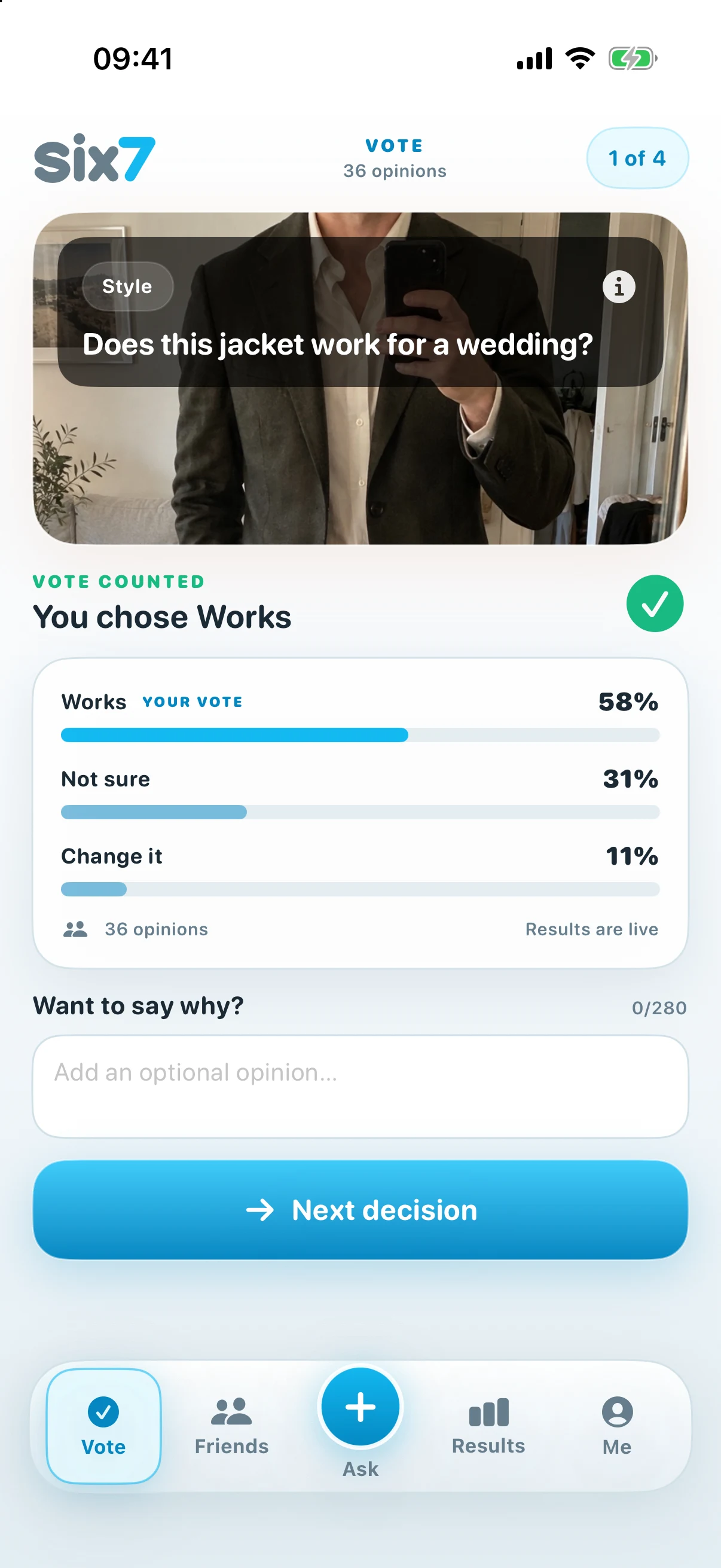 Six7 shows opinions after a vote