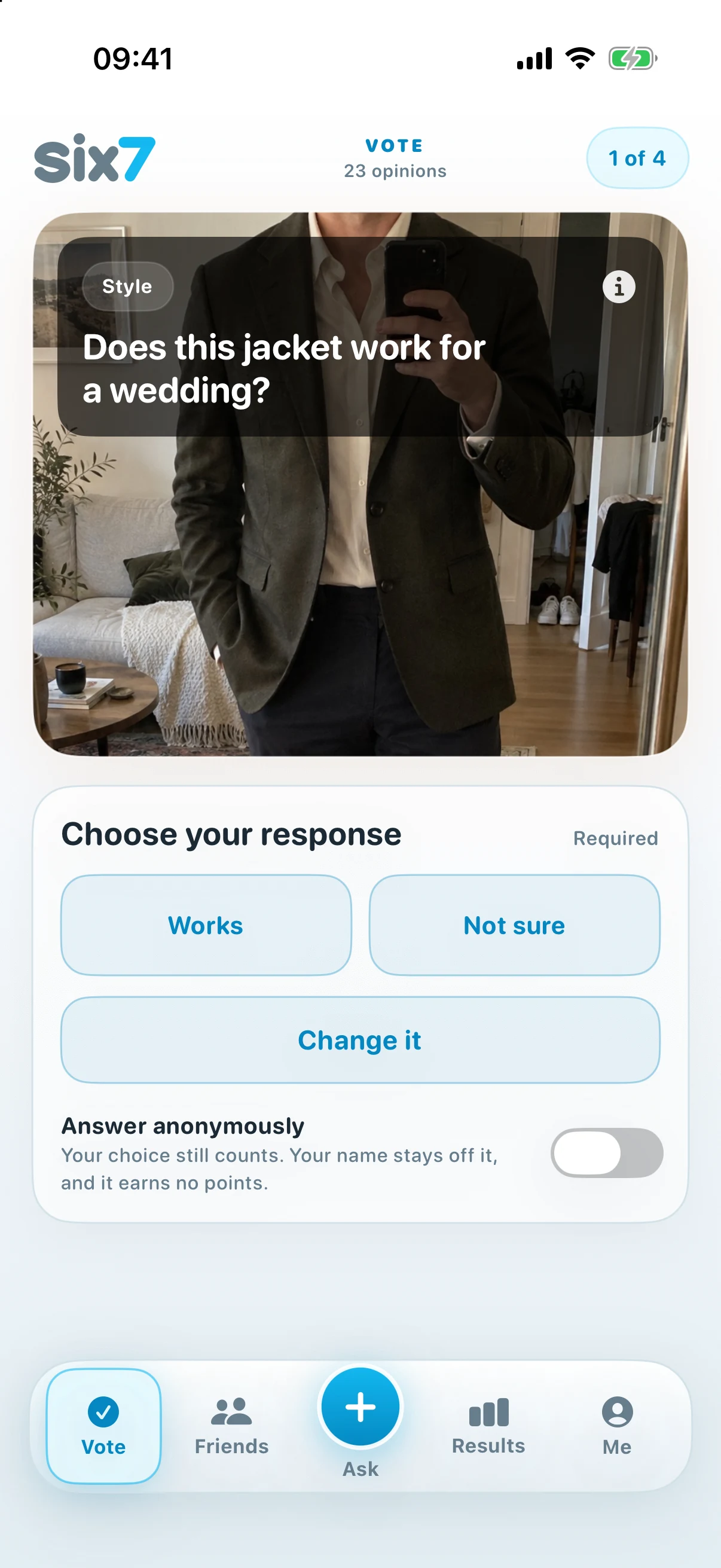 Six7 voting screen with a friend's outfit question