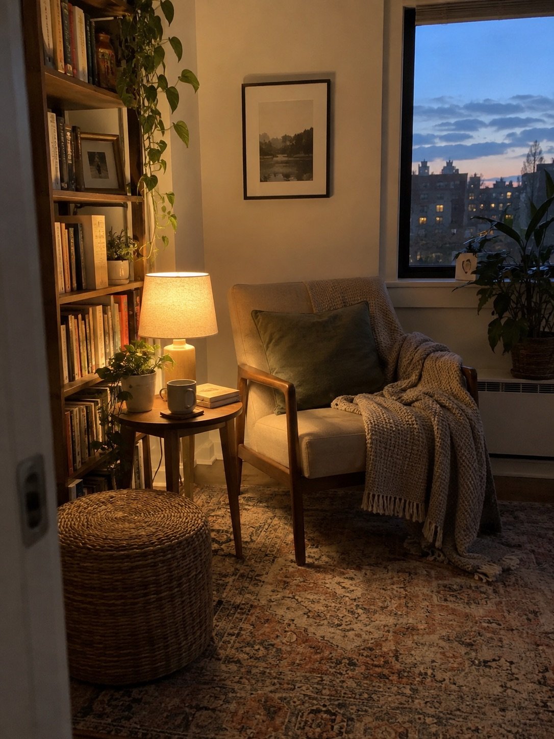 A cozy reading corner with a warm lamp